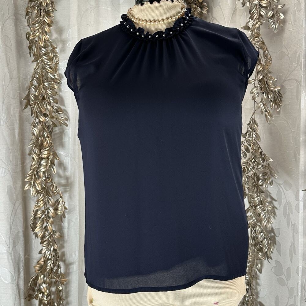 Karl Lagerfeld Paris L Navy Pearl Blouse‎ Cap Sleeve Officecore Ruffle Feminine